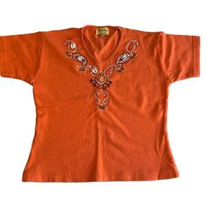 VTG Beaded Sea Shell Rhinestone Embroidered T shirt Embellishment Indian Orange